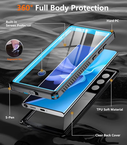 Temdan Designed for Samsung Galaxy S22 Ultra Case,Waterproof Built-in Lens & Screen Protector [Full Body Shockproof][Military Drop Proof][IP68 Underwater] Phone Case for S22 Ultra 5G-Blue (2022)