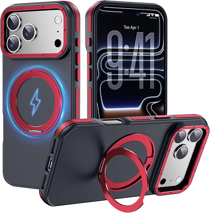 Strong Magnetic Case for iPhone 17 Pro(6.3", 2025) with Stand, Drop-Proof Bumper Cover with Contrast Color Border, Military-Grade Drop Protection, Shockproof Slim Thin Cover,Red