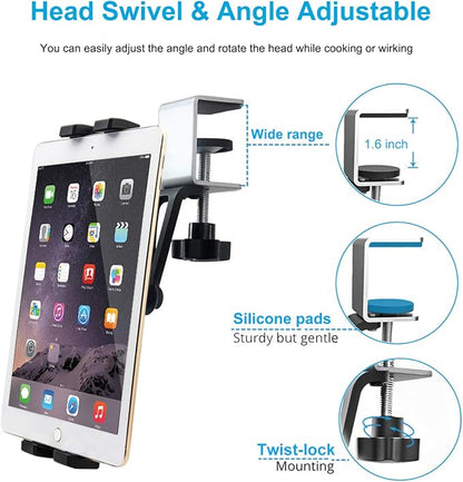 woleyi Kitchen Cabinet Tablet Mount, Easy-Install Under Cabinet Tablet Holder Stand with 360° Adjustable Clamp for iPad Pro Air Mini, Galaxy Tabs, Z Fold, Fire, Surface, Switch, iPhone, 4-13" Devices