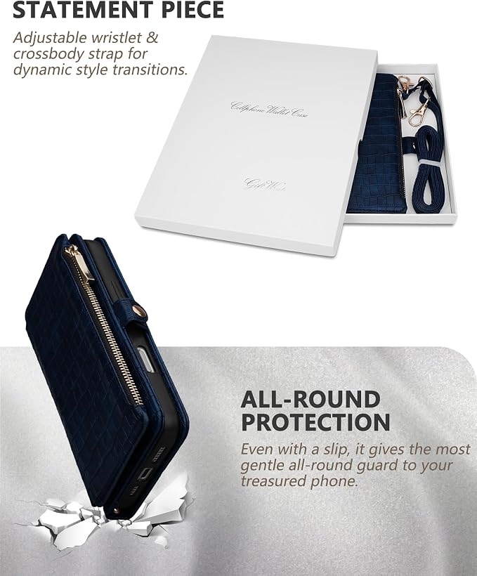 Crossbody Wallet Case for iPhone 16 Pro Max with Mirror, Wrist Strap, Zipper Purse Magnetic Flip RFID Blocking Card Holder, Wireless Charging, PU Leather Shockproof 6.9" Women (Navy Blue)
