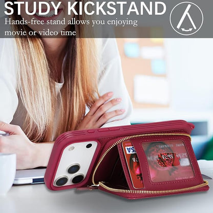 Crossbody Wallet Case for iPhone 17 Pro Max, PU Leather Zipper Handbag Purse Flip Cover, Kickstand Folio Case with Card Slots Holder Wrist Strap Lanyard 5G 6.9 Inch-Dark red