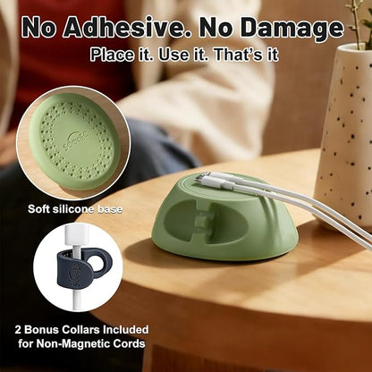 SOOoEC [N52 Ultra-Strong Snap-On Magnetic Cord Holder, Weighted Desktop Cable Organizer, Premium Liquid Silicone, No Collars Needed for iPhone & USB-C, Dual-Side Slots, Sage Green