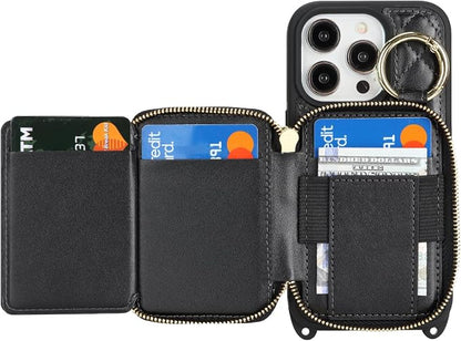 Crossbody Wallet Case for iPhone 14 Pro, PU Leather Zipper Handbag Purse Flip Cover, Kickstand Folio Case with Card Slots Holder Wrist Strap Lanyard 5G 6.1 Inch-Black