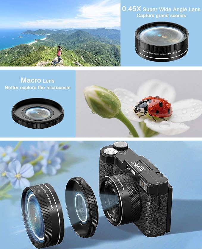 FLATIC 5K Digital Camera with WiFi, Cameras for Photography with 180°Flip Screen, Vlogging Camera with 64GB Card, Battery, Camera for Beginner, Teens