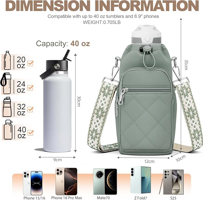 SYTRAH Water Bottle Carrier Bag with Strap, Water Bottle Purse with Phone Pocket 40oz for Walking Hiking