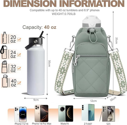 SYTRAH Water Bottle Carrier Bag with Strap, Water Bottle Purse with Phone Pocket 40oz for Walking Hiking