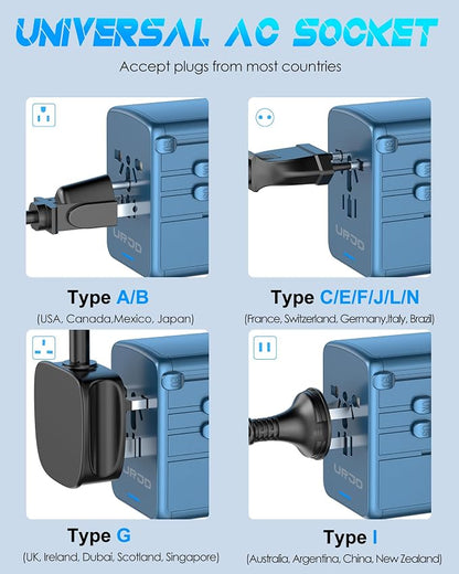 Universal Travel Adapter with 5 USB C/A Ports 30W Fast Charging, Blue | International Power Adapter for Europe UK Japan 200+ Countries, Travel Charger for Phone Laptop, 10A Fuse, 2500W AC Outlet