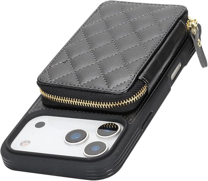 Crossbody Wallet Case for iPhone 17 Pro Max, PU Leather Zipper Handbag Purse Flip Cover, Kickstand Folio Case with Card Slots Holder Wrist Strap Lanyard 5G 6.9 Inch-Black