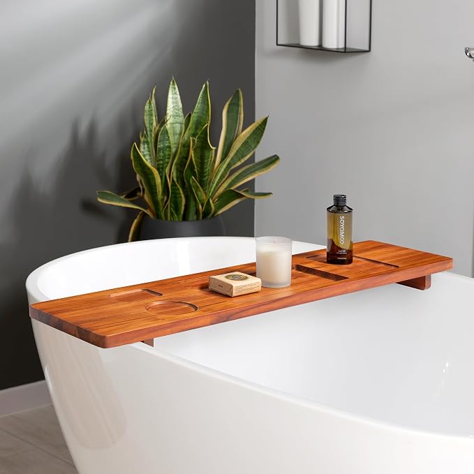 Luxury Teak Bathtub Caddy Tray - 35" Expandable Bath Bridge for Freestanding & Standard Tubs - Water-Resistant Solid Wood Spa Organizer with Wine Glass, Phone Holder & Non-Slip Grips