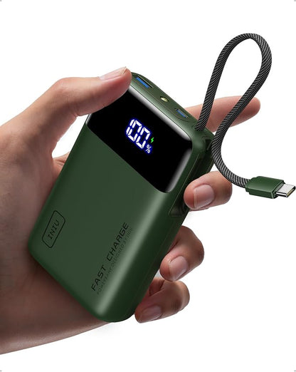 INIU 45W Portable Charger, Smallest 20000mAh Power Bank with Build in USB-C Cable, Fast Charging USB C in&Out Battery Pack, Travel Phone Charger for iPhone 17 16 15 Air Samsung S25 S24 Google, Green