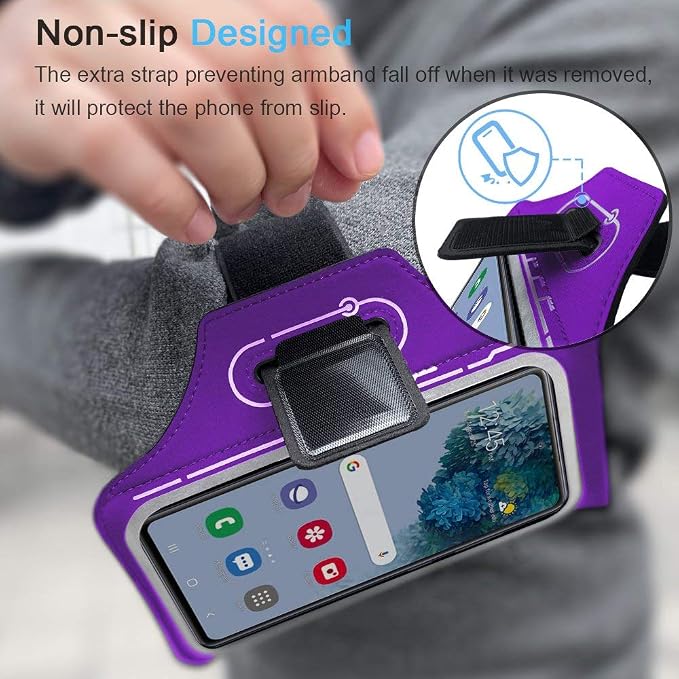 JEMACHE Armband for Samsung Galaxy S26 S25 S24 S23 S22 Ultra/Plus/FE, Gym Running Workouts Arm Band with Earbuds Holder (Purple)