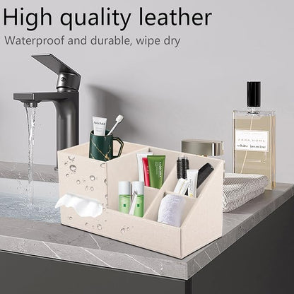 Plus Size Tissue Box Cover-Square Linen Tissue Cover with Side Storage and Tray,Modern Makeup Organizer,Leather Tissue Holder Decorative Cube Organizer for Living Room Vanity NightStand Office,Beige