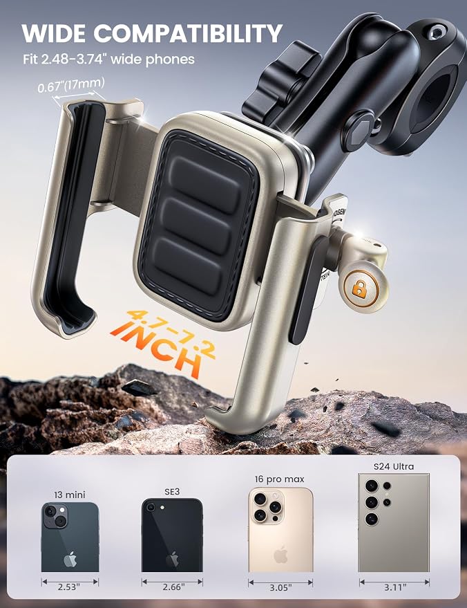 Lamicall Motorcycle Phone Mount Holder - [All Metal] [Anti Shake] [1s Lock] Bike Phone Holder Handlebar Clamp, Bicycle Cell Phone Mount, for iPhone 17 Pro Max, 16 15 14, Galaxy, 4.7-7.2" Phones, Gold
