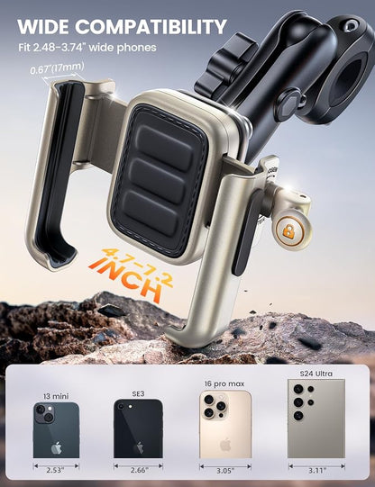 Lamicall Motorcycle Phone Mount Holder - [All Metal] [Anti Shake] [1s Lock] Bike Phone Holder Handlebar Clamp, Bicycle Cell Phone Mount, for iPhone 17 Pro Max, 16 15 14, Galaxy, 4.7-7.2" Phones, Gold