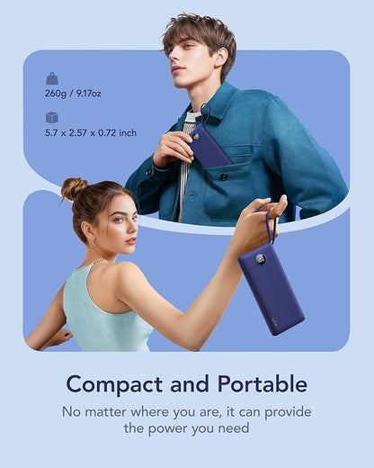 VRURC Portable Charger for iPhone, USB C Power Bank 10000mAh, Slim Travel Battery Pack with Built in Cables, 5 Outputs 2 Input Portable Phone Charger for iPhone 17 16 15 14 13, Samsung, Android-Navy