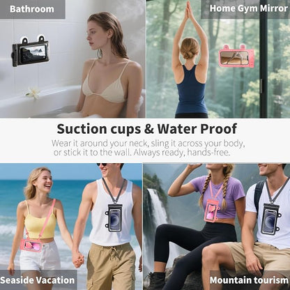 XL Waterproof Phone Pouch iPhone &Shower Phone Holder Waterproof with 2 Suction Cups,Water Phone Protector Pouch with Adjustable Lanyard,Floating Phone Case for iPhone 16 15 14 ProMax (Black)