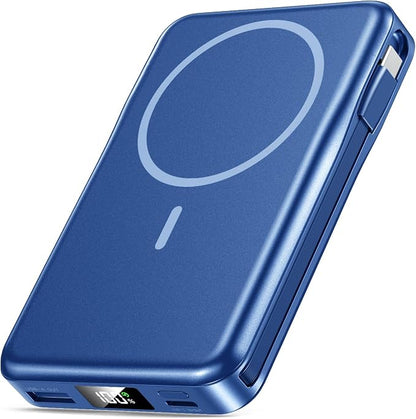 Magnetic Portable Charger, 10000mAh Power Bank, 5 in 1 Portable Charger with Built in Cable, 20W Fast Charging for Magsafe Battery Pack Compatible with iPhone 17/16/15/14/13/12 Pro/Pro Max-DarkBlue