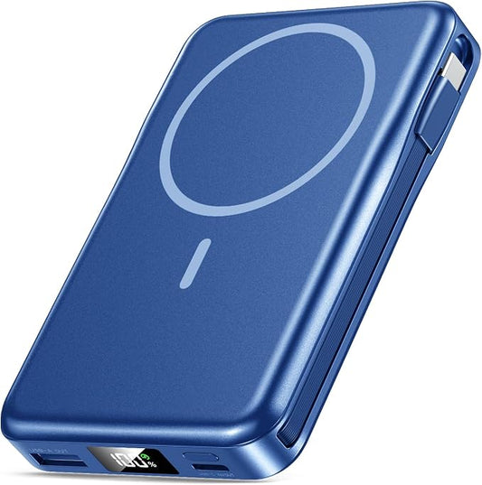 Magnetic Portable Charger, 10000mAh Power Bank, 5 in 1 Portable Charger with Built in Cable, 20W Fast Charging for Magsafe Battery Pack Compatible with iPhone 17/16/15/14/13/12 Pro/Pro Max-DarkBlue