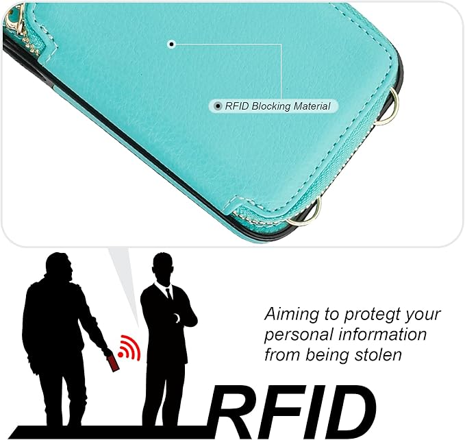 Bocasal RFID Blocking Wallet Case for iPhone 14 iPhone 13, Adjustable Crossbody Zipper Purse Case Card Holder with Kickstand Detachable Wrist Strap, PU Leather Flip Folio Case 6.1 Inch 5G (Mint Green)