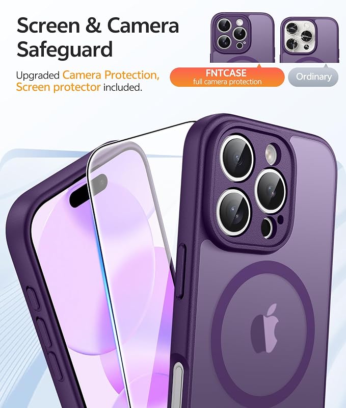 FNTCASE for iPhone 16 Pro Max Case: [Compatible with Magsafe] Translucent Matte Cases with [Full Camera Protection] [Screen Protector] Military Grade Shockproof Protective Phone Cover - Purple