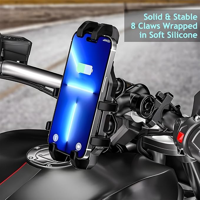 Motorcycle Phone Mount Holder, 360° Adjustable Anti-Theft Motorbike Handlebar Cellphone Mount with Vibration Dampener, Bike Smartphone Holder Clamp, Suitable for 5.1"-7" Phones