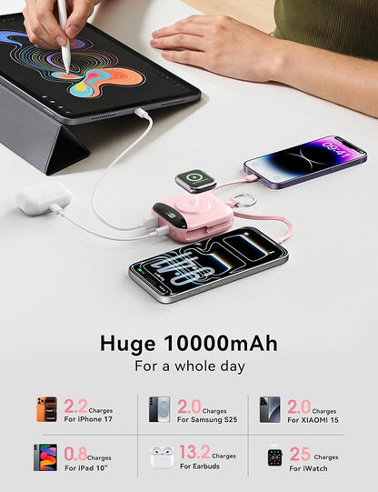 Portable Charger Power Bank, 10000mAh Fast Charging Power Bank with Built-in Cables, Travel Keychain Battery Pack with LED Display for iPhone Samsung Android iPad iWatch Charger 11/10/9/8/Ultra,Pink