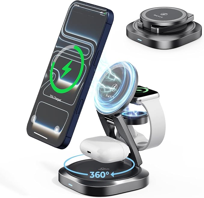 havit MagSafe 3 in 1 Wireless Charging Station, Foldable Travel Charger for iPhone 17/16/15/14/13/12, Apple Watch & AirPods, 15W Fast Magnetic Charger Stand with 360° Rotating, Portable Charger