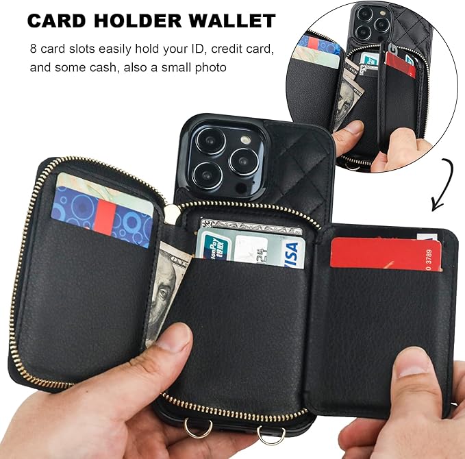 Bocasal Crossbody Wallet Case for iPhone 14 Pro Max, RFID Blocking PU Leather Zipper Handbag Purse Flip Cover, Kickstand Folio Case with Card Slots Holder Wrist Strap Lanyard 5G 6.7 Inch (Black)