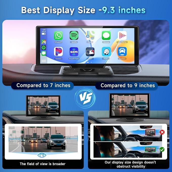 [2.5K Front Camera+64G TF Card] Wireless Carplay/Android Auto Portable Car Radio with 9.3" HD Touchscreen Dash Cam, Front/Rear View Camera Stereo Receiver Bluetooth FM Transmitter AUX