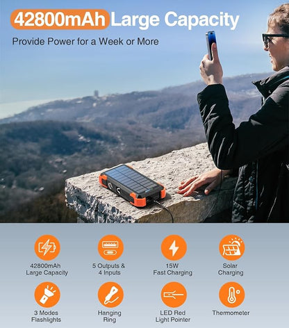Solar Charger Power Bank, 42800mAh Wireless Portable Charger with USB-C in/Output, QC3.0 Fast Charging 15W 4 Ports Outdoor Battery Pack Built-in LED Flashlight, for iPhone, Galaxy, iPad etc