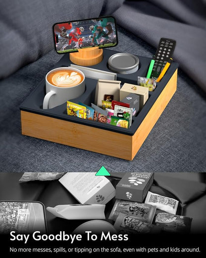 Couch Cup Holder Tray - Couch Organizer Caddy, Silicone Beach Caddy with Cup Holder, Sofa and Bed Drink Holder and Couch Tray Table for Snacks Beverage Remote (Black)