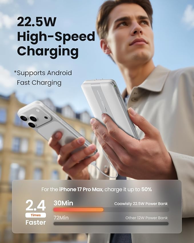 Fast Charging Power Bank, USB C Portable Charger Built-in Cables and Wall Plug, 10500mAh 22.5W 4 Outputs 3 Inputs LED Display External Battery Pack Compatible with iPhone/Android (White)
