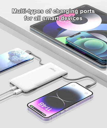 TG90° 2 Pack 10000mAh Slim Portable Charger with Built in Cables,Power Bank Travel Charger Cell Phone External Battery Pack,4 Output External Battery Pack Compatible with iPhone Android Phone