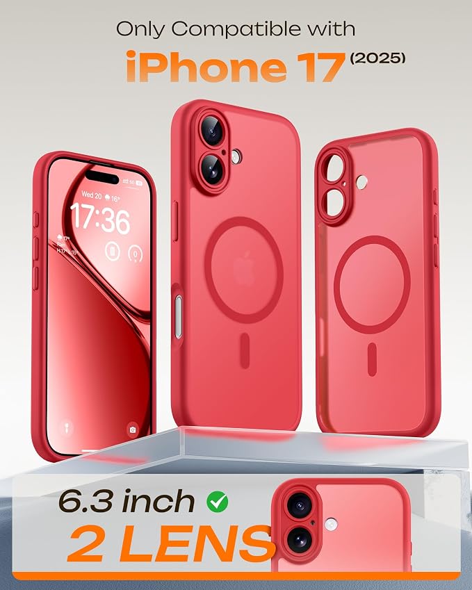 TOCOL for Phone 17 Case, Compatible with Magsafe Charger, Full Camera Protection, Drop Protection, Translucent Matte Phone Case for Phone 17 6.3 inch (Red)