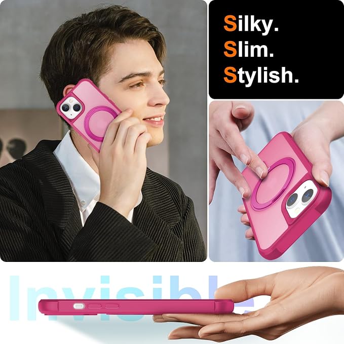360° Magnetic Swivel Ring for iPhone 13 case, Built-in Metal Stand and Ring Holder, Magsafe Compatible, Military Grade Protection, Shock Resistant - Rose Pink