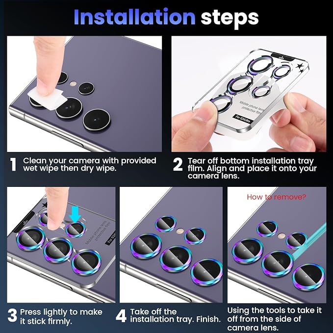 Tensea (3+2PCS for Samsung Galaxy S24 Ultra 5G Camera Lens Protector, 9H Tempered Glass Camera Cover Screen Protector Metal Individual Ring for S24 Ultra 5G 2024 [Installation Tray][Case Friendly]