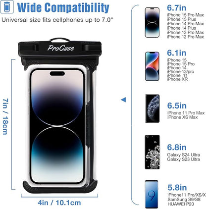 ProCase 2 Pack Waterproof Phone Pouch, Underwater Phone Case Up to 7", Dry Bag for iPhone 17 Air 16 15 14 13 Pro Plus Max, Galaxy S24 S23 S22 Ultra Pixel, Beach Essentials -Black