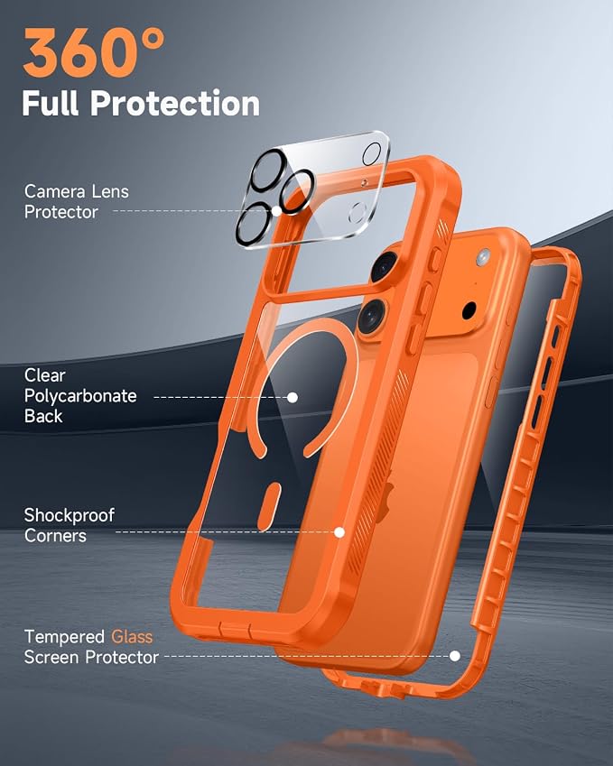 seacosmo for iPhone 17 Pro Max Case, Full Body Bumper with Built-in Tempered Glass Screen and Camera Lens Protector, Compatible with MagSafe, Shockproof 17 Pro Max Phone Case, 6.9", Orange