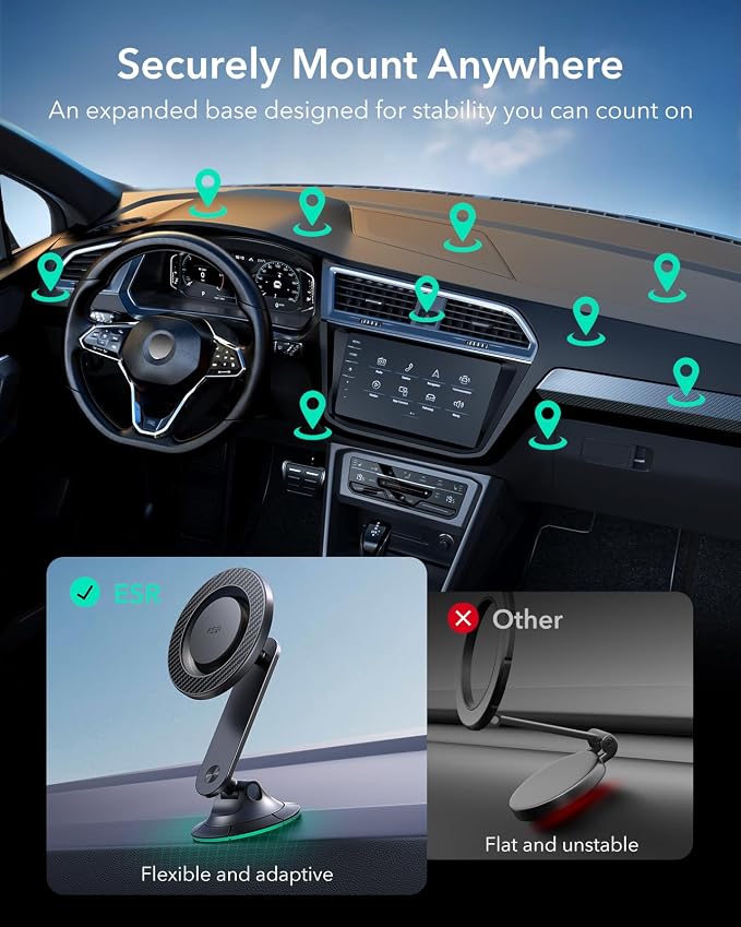 ESR for MagSafe Car Mount, Upgraded Dashboard Magnetic Phone Holder for Car, 360° Rotation, Car Phone Holder Mount for iPhone 17/16/16e/15/14/13/12, S25, Pixel 10, Strong Magnets(with 2 Metal Rings)