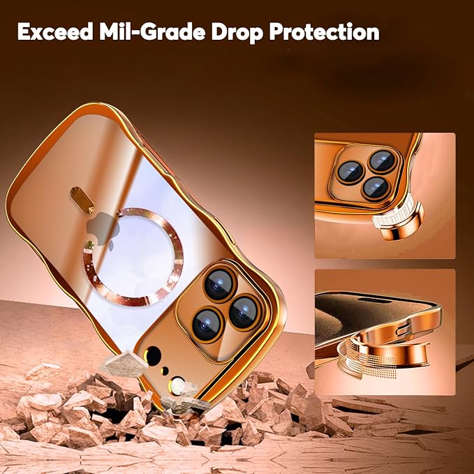 Misscase Designed for iPhone 17 Pro Max Case 6.9",with Privacy Screen Protector*1,Cute Wave Frame Case with Camera Lens Protector,Compatible with MagSafe Plating Bling for Women Orange