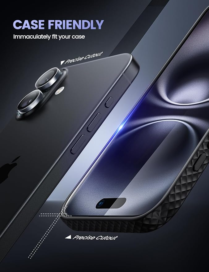 Lamicall 2+2 for iPhone 16 Plus Max Screen Protector (6.7") with Camera Lens Protector, [Top 9H Tempered Glass Film], Easy Alignment, Anti-Scratch, 0 Bubbles, HD Clear for iPhone 16 Plus - 2 Pack Each