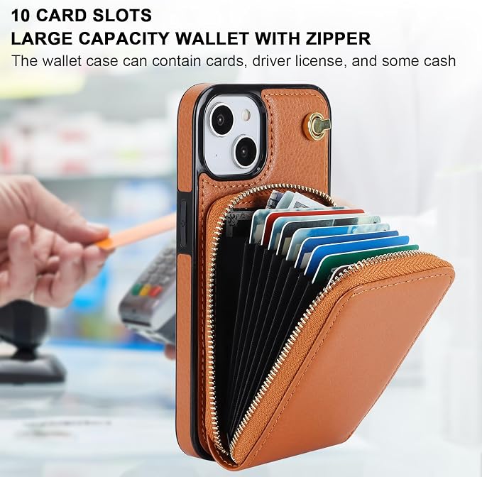 KIHUWEY Crossbody Wallet Case for iPhone 13 iPhone 14, Zipper Pocket Case with Card Holder, PU Leather RFID Blocking Protective Cover Case with Kickstand Detachable Wrist Strap Lanyard 6.1" (Brown)