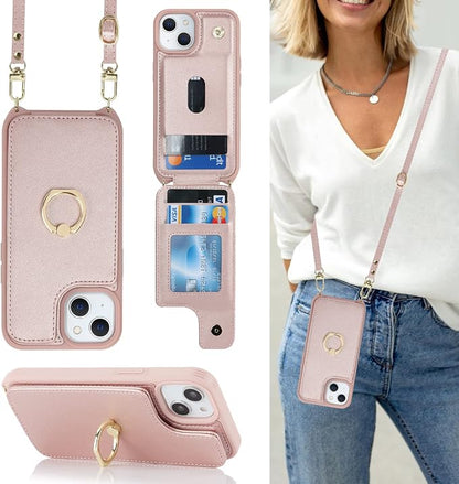 Lipvina for iPhone 13 Case with Card Holder for Women,Phone Case with Strap,Crossbody Lanyard,RFID Blocking,Ring Stand,Snap Clasp,Cute Wallet Cases for iPhone 13 6.1 inch(Rose Gold)