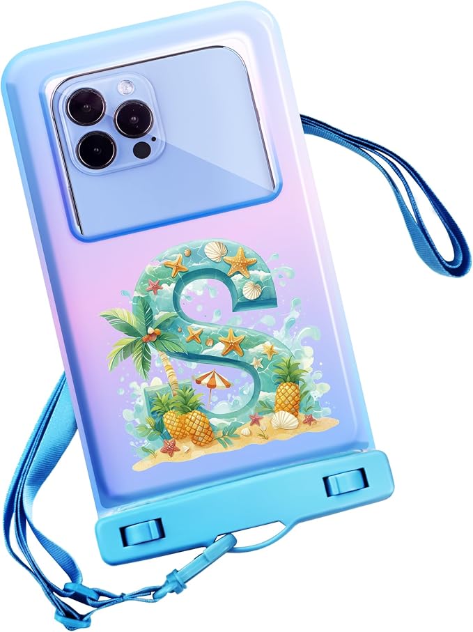 Personalized Initial Waterproof Phone Pouch Case - IPX8 Cellphone Dry Bag with Lanyard for iPhone 16/15/14/13/12 Pro Max (6.1–6.9"), Beach & Cruise Ship Essentials with Monogrammed Design (Blue, S)