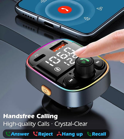 LIHAN Bluetooth 5.4 Bluetooth Car Adapter, FM Transmitter with QC3.0/Type-C 42W Fast Charging, Dual LED Display, HiFi Bass, Handsfree Calls/Audio Transmitter, TF/USB Music Player, 7-Color Backlit