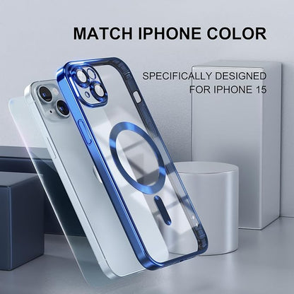 Misea Magnetic for iPhone 15 Case Compatible with MagSafe [Never Yellowing] [Military Grade Drop Protection] Full Camera Lens Protector Plating Soft Clear Phone Case for Women, Deep Blue