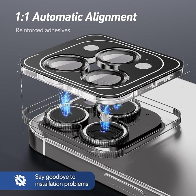 Jeluse Camera Lens Protector for iPhone 17 Pro Max/17 Pro/16 Pro Max/16 Pro/15 Pro Max/15 Pro/14 Pro Max/14 Pro, 9H Tempered Glass Screen Protector Cover Alignment Kit Metal Individual Ring