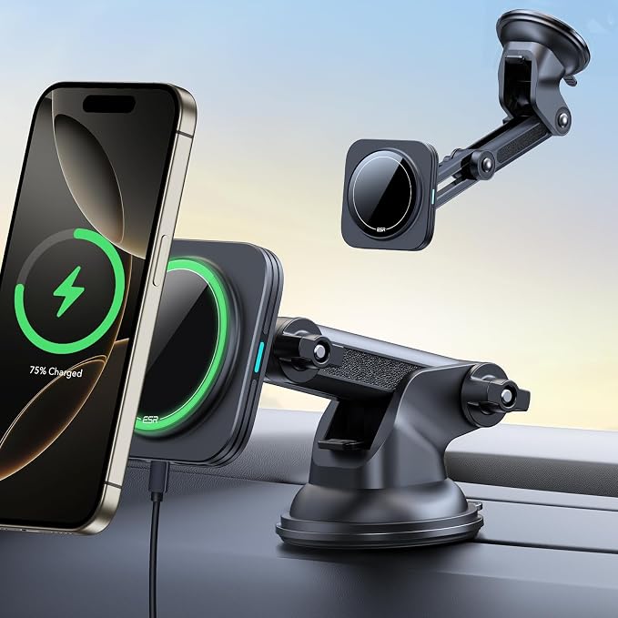 ESR for 15W MagSafe Car Mount Charger, for MagSafe Car Charger, Suction Cup Magnetic Wireless Car Charging, Dashboard Car Phone Mount for iPhone 17/16/15/14/13/12, S25, Pixel 10, Fast Charging