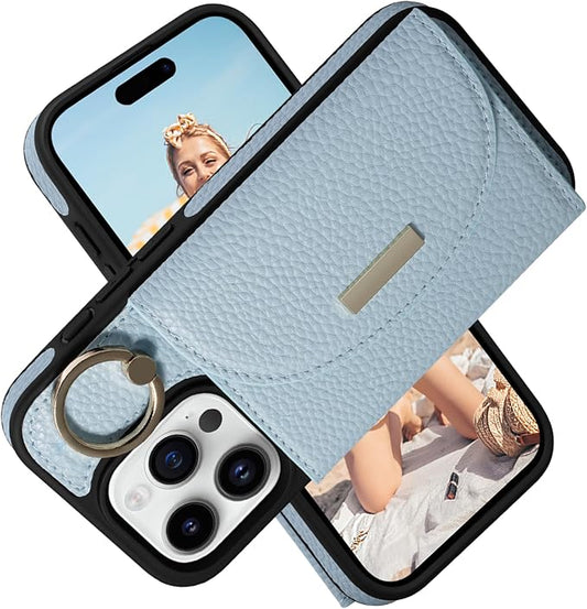 Keallce Wallet Case for iPhone 15 Pro 6.1'', Flip Case with Card Slots, Ring Holder Kickstand, PU Leather Protective Folio Cover for Women, Blue