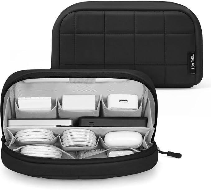 TOPEAST Quilted Cable Organizer Bag, Soft Tech Pouch & Travel Electronics Case with Elastic Pen Loop, Tangle-Free Cord Organizer for Women, Office Desk, AirPods, Chargers & Accessories, Black